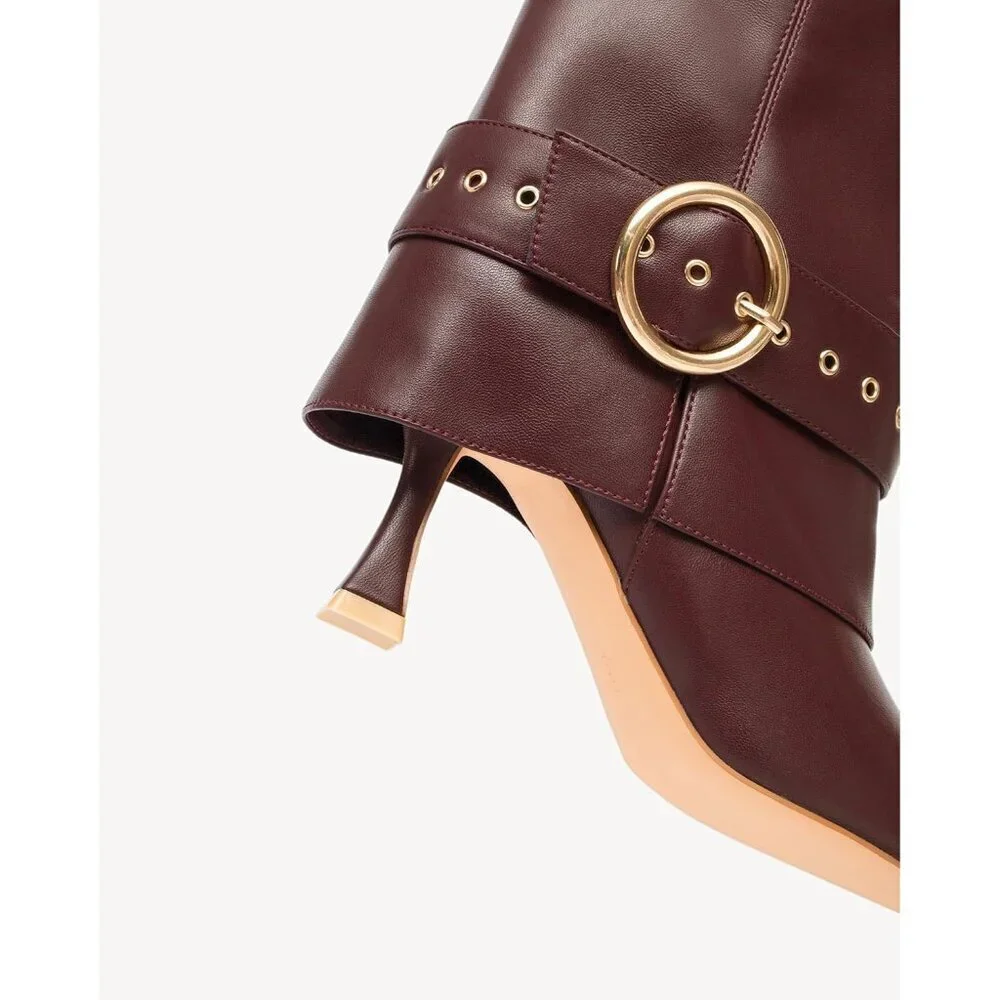 Women's Burgundy Pointed Toe Ankle High Heel Short Boots With Gold Buckle Strap